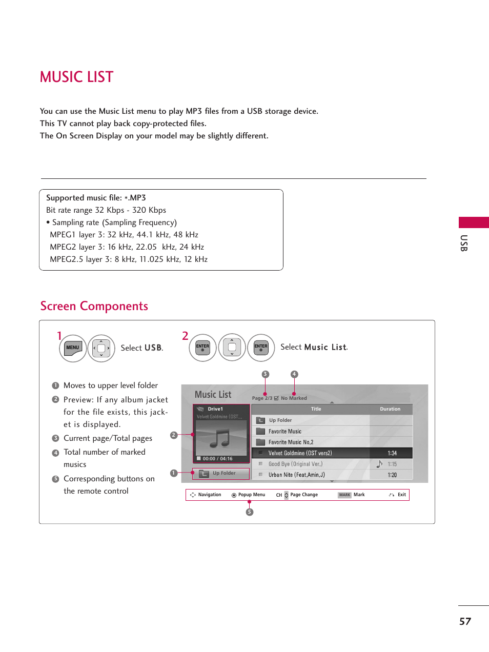 Music list, Screen components | LG 26LD360L User Manual | Page 58 / 127