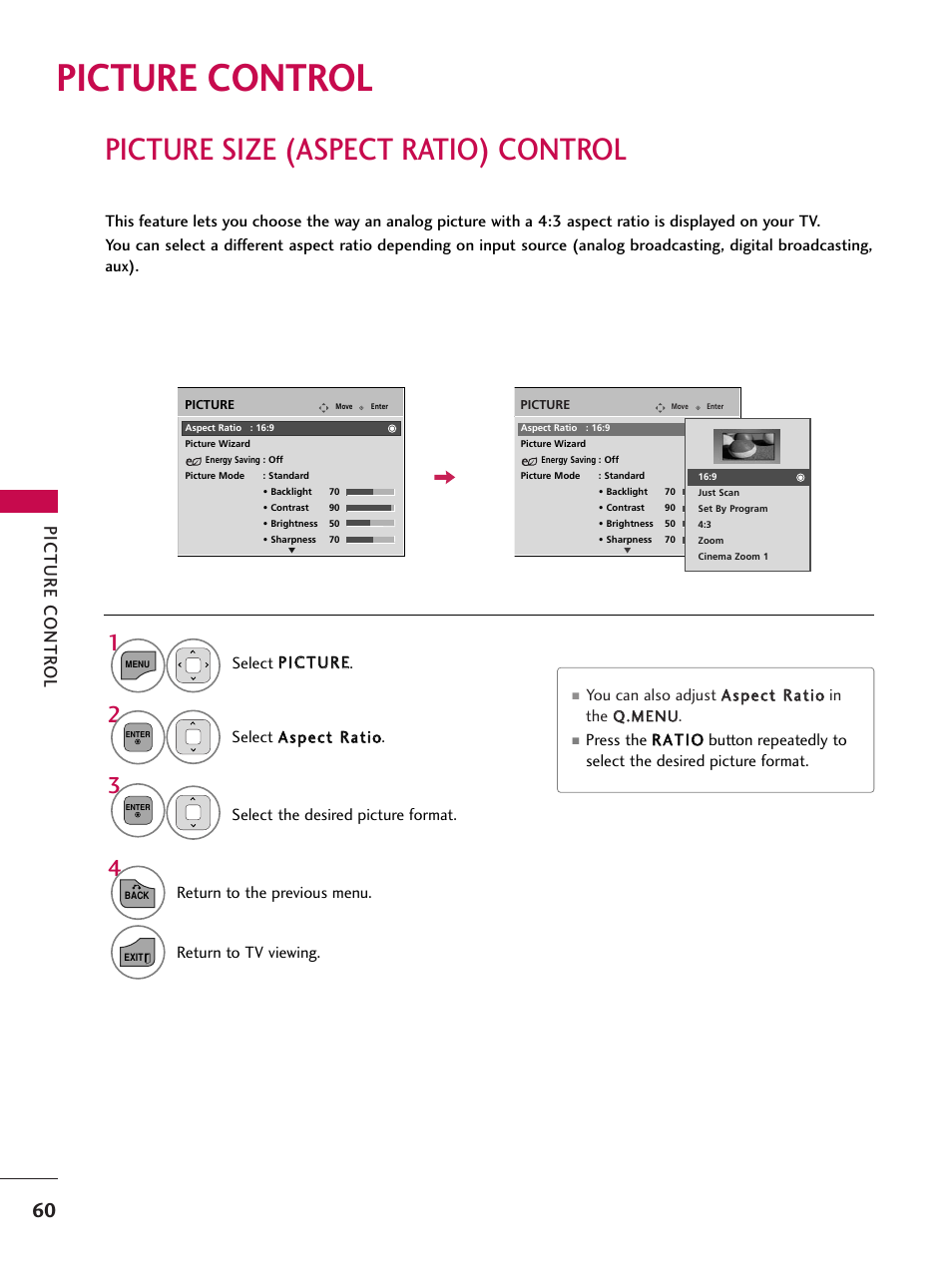 Picture control, Picture size (aspect ratio) control, Picture contr ol | LG 26LD360L User Manual | Page 61 / 127