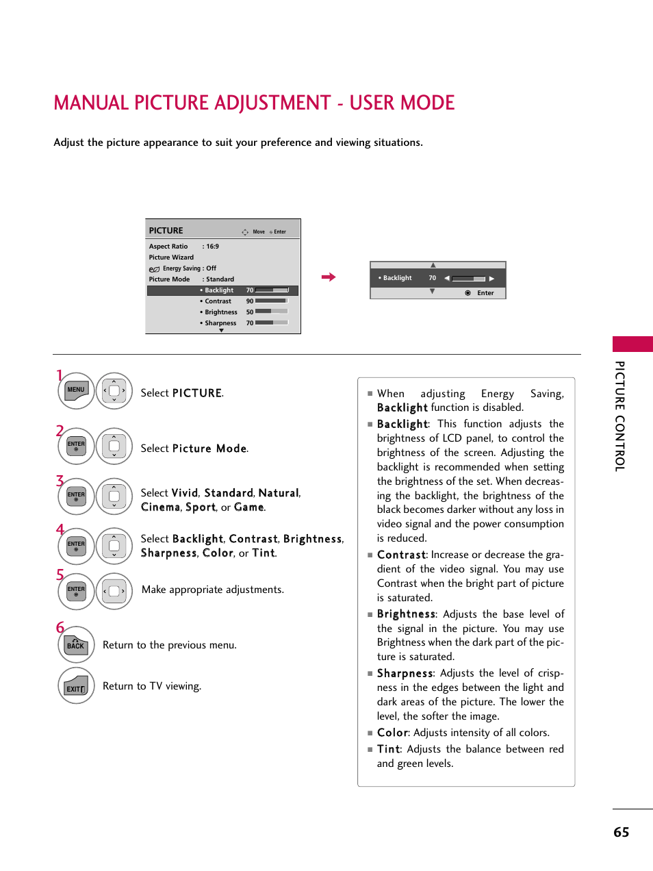 Manual picture adjustment - user mode, Picture contr ol | LG 26LD360L User Manual | Page 66 / 127