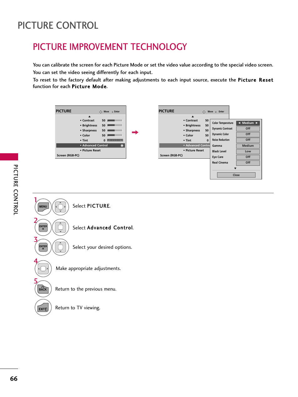 Picture improvement technology, Picture control, Picture contr ol | Return to the previous menu, Return to tv viewing. make appropriate adjustments | LG 26LD360L User Manual | Page 67 / 127