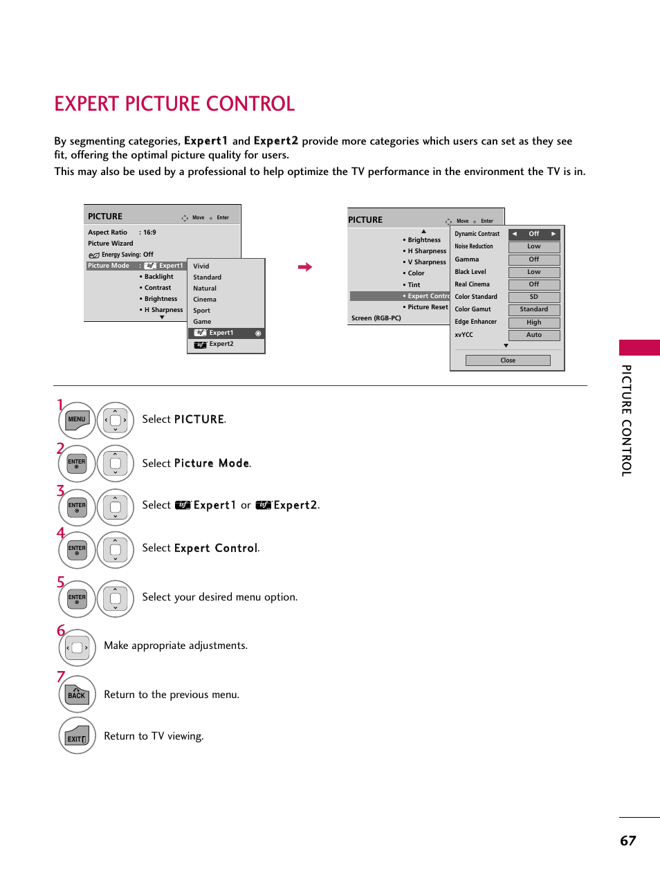 Expert picture control, Picture contr ol, Make appropriate adjustments | Return to the previous menu, Return to tv viewing, Select your desired menu option | LG 26LD360L User Manual | Page 68 / 127