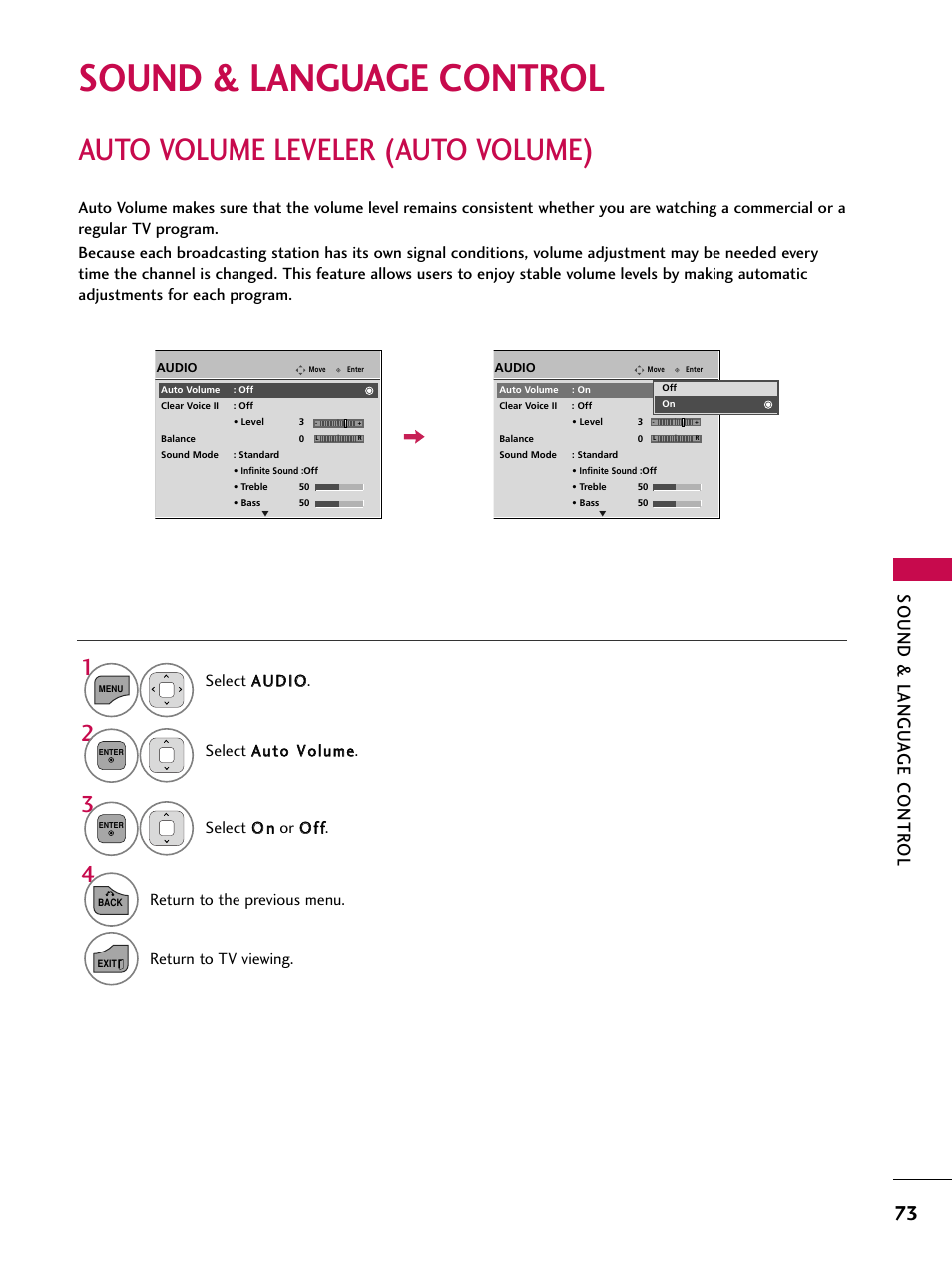 Sound & language control, Auto volume leveler (auto volume), Sound & langu a ge contr ol | Return to the previous menu, Return to tv viewing | LG 26LD360L User Manual | Page 74 / 127