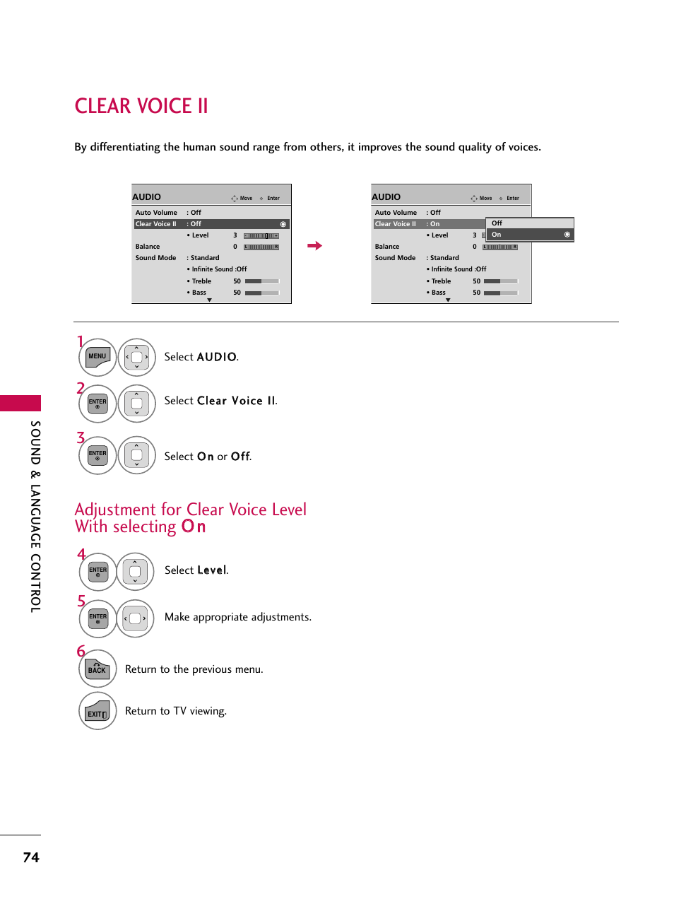Clear voice ii, Sound & langu a ge contr ol | LG 26LD360L User Manual | Page 75 / 127