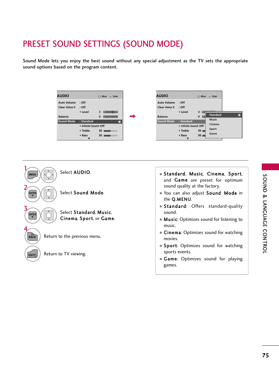 Preset sound settings (sound mode), Sound & langu a ge contr ol | LG 26LD360L User Manual | Page 76 / 127