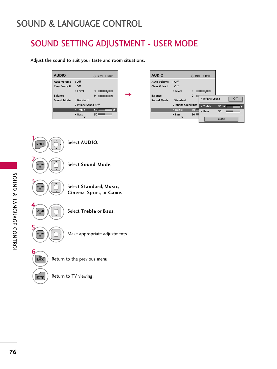 Sound setting adjustment - user mode, Sound & language control, Sound & langu a ge contr ol | LG 26LD360L User Manual | Page 77 / 127