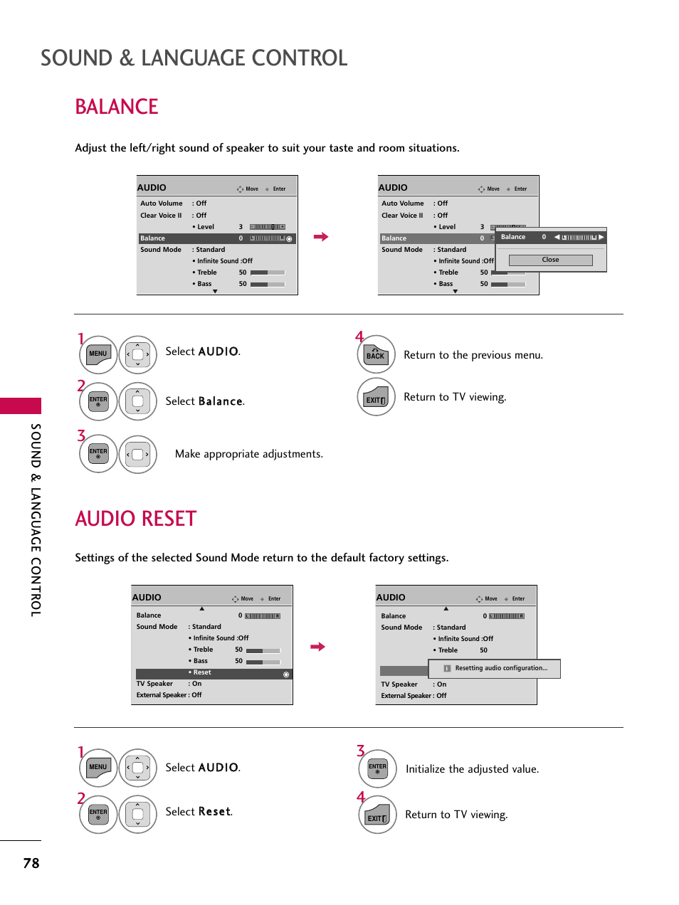 Balance, Audio reset, Sound & language control | Sound & langu a ge contr ol, Return to the previous menu, Return to tv viewing, Initialize the adjusted value | LG 26LD360L User Manual | Page 79 / 127
