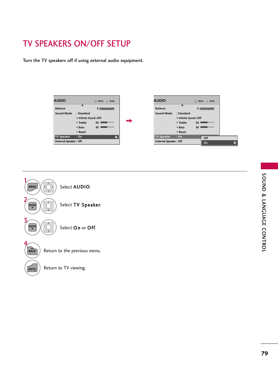 Tv speakers on/off setup, Sound & langu a ge contr ol, Return to the previous menu | Return to tv viewing | LG 26LD360L User Manual | Page 80 / 127
