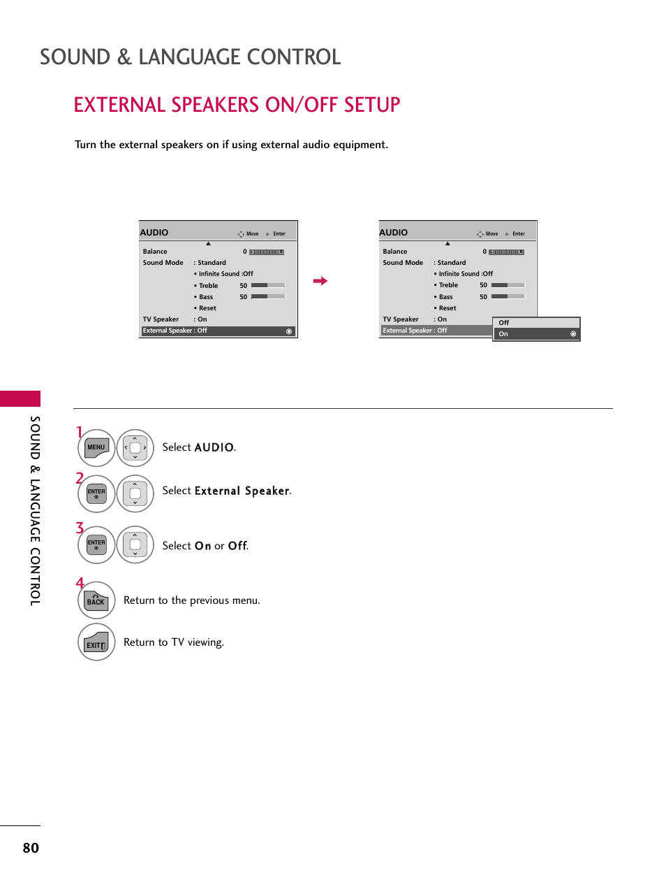 External speakers on/off setup, Sound & language control, Sound & langu a ge contr ol | LG 26LD360L User Manual | Page 81 / 127