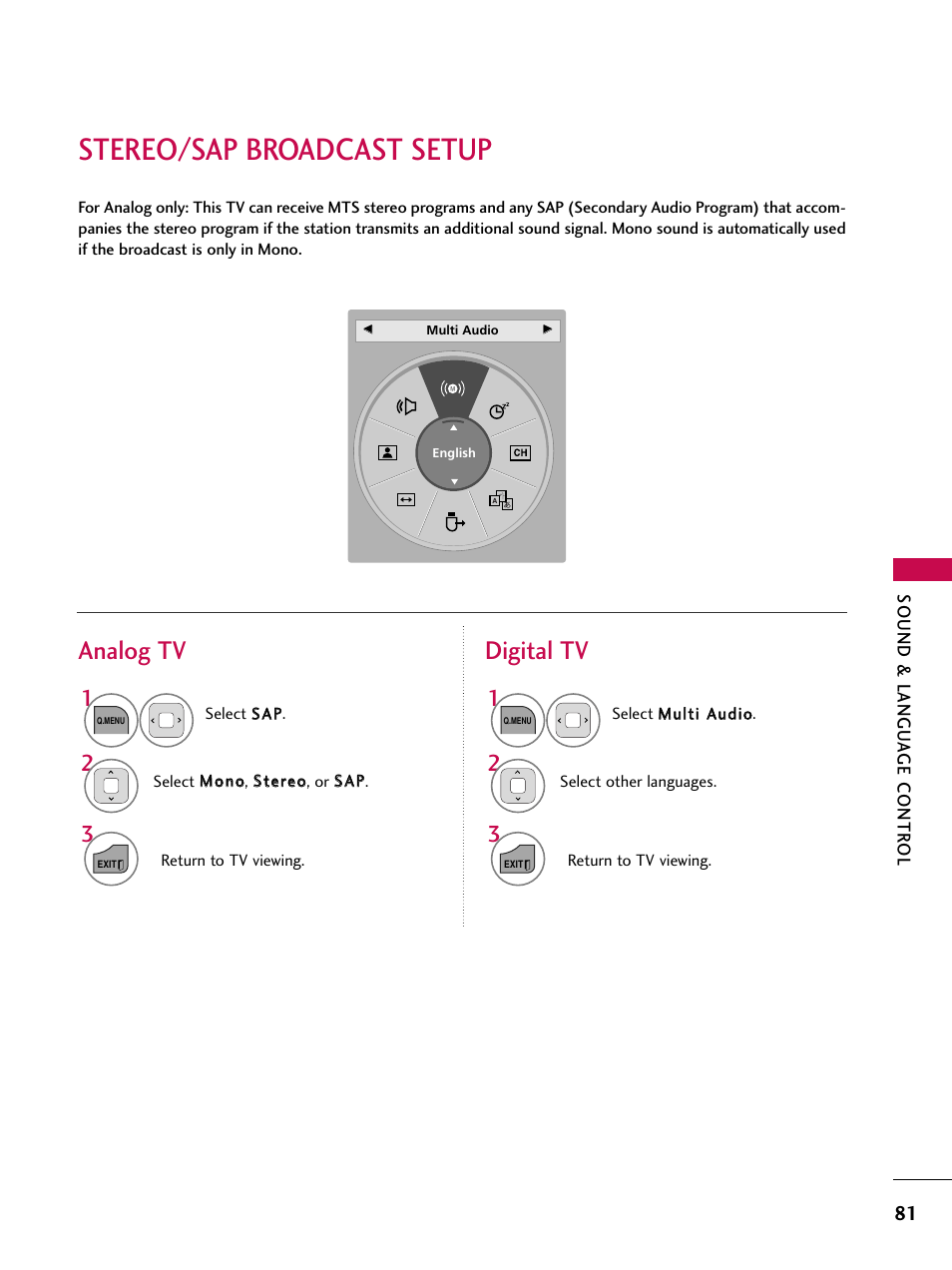 Stereo/sap broadcast setup, Analog tv digital tv | LG 26LD360L User Manual | Page 82 / 127