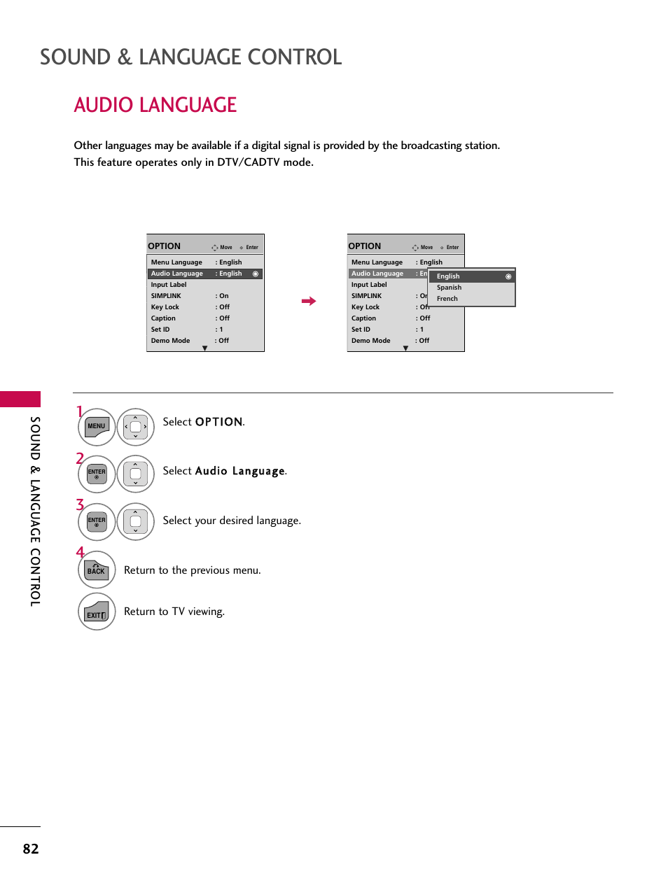 Audio language, Sound & language control, Sound & langu a ge contr ol | LG 26LD360L User Manual | Page 83 / 127