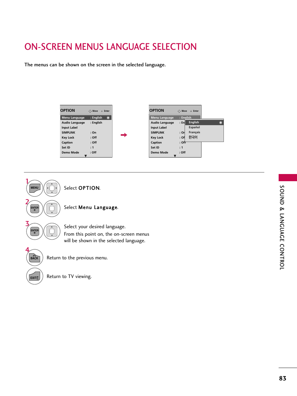 On-screen menus language selection, Sound & langu a ge contr ol | LG 26LD360L User Manual | Page 84 / 127