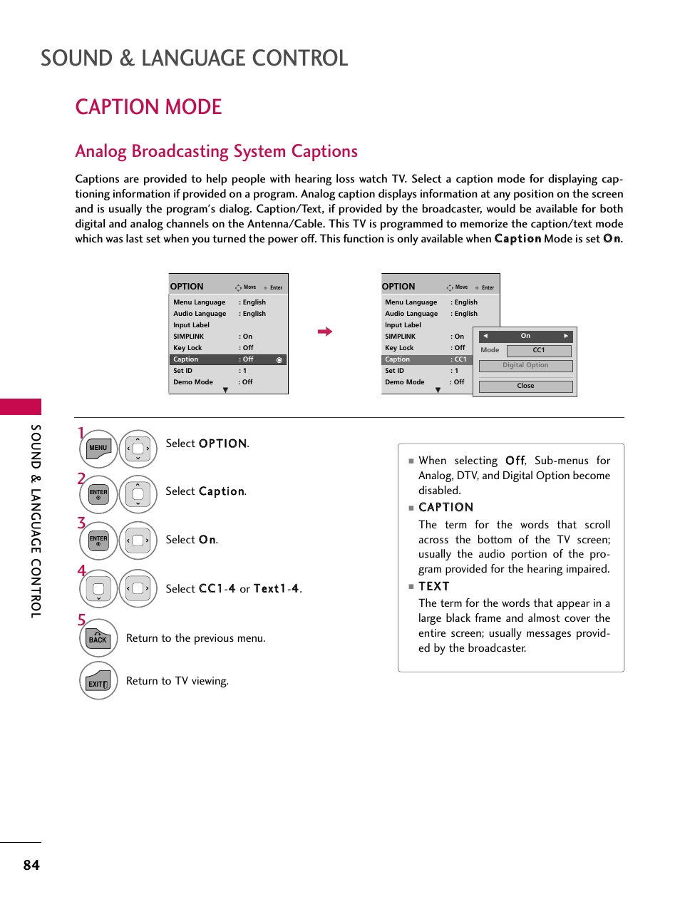 Caption mode, Sound & language control, Analog broadcasting system captions | Sound & langu a ge contr ol | LG 26LD360L User Manual | Page 85 / 127