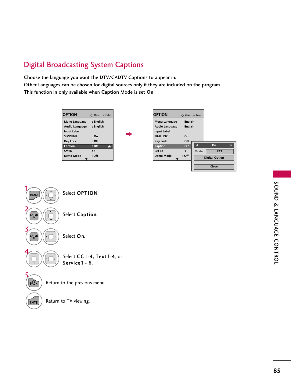Digital broadcasting system captions, Sound & langu a ge contr ol | LG 26LD360L User Manual | Page 86 / 127