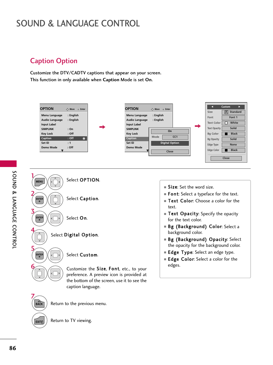 Sound & language control, Caption option, Sound & langu a ge contr ol | LG 26LD360L User Manual | Page 87 / 127