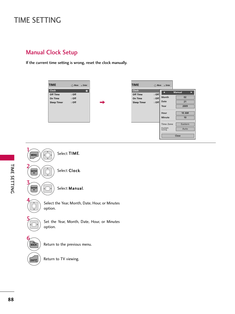 Manual clock setup, Time setting | LG 26LD360L User Manual | Page 89 / 127