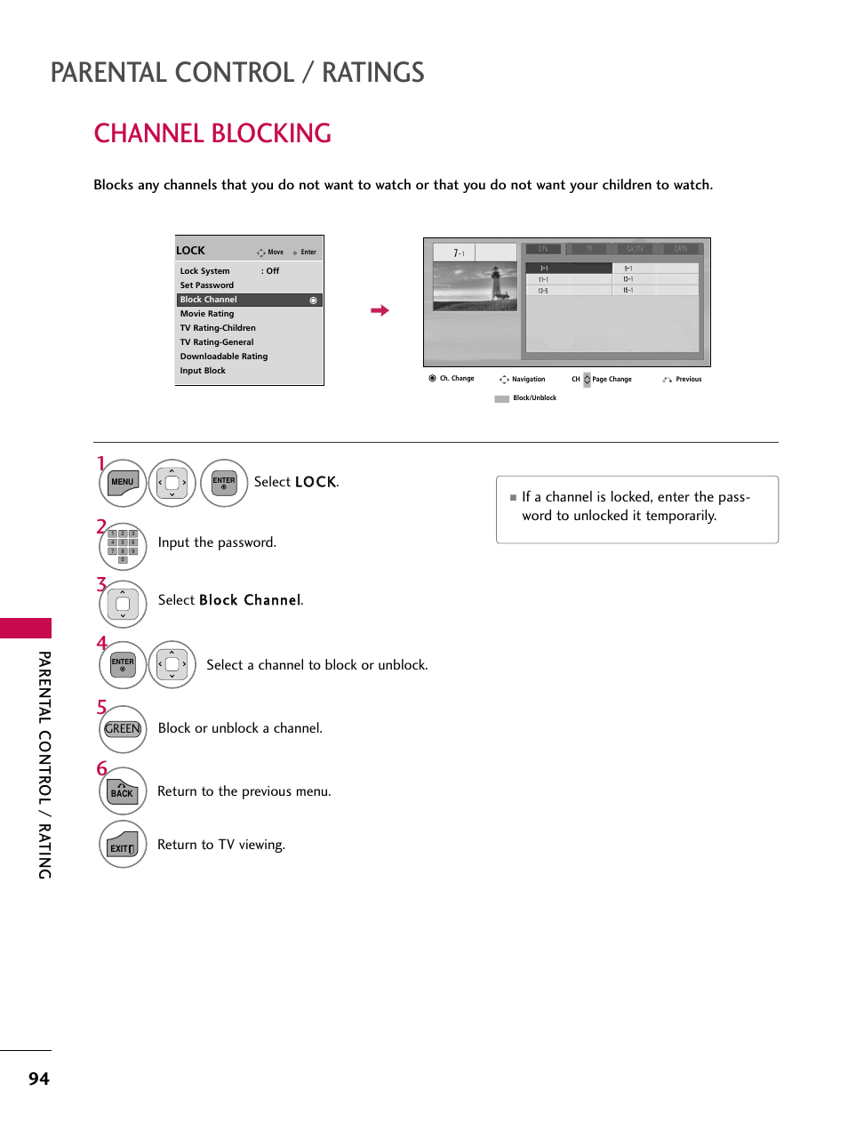 Channel blocking, Parental control / ratings, Parent al contr ol / r a ting | LG 26LD360L User Manual | Page 95 / 127