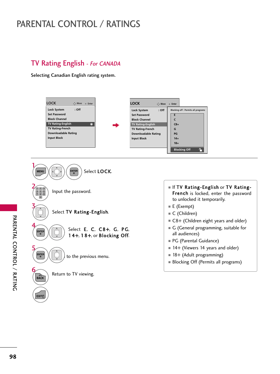 Parental control / ratings, Tv rating english, For canada | Parent al contr ol / r a ting | LG 26LD360L User Manual | Page 99 / 127