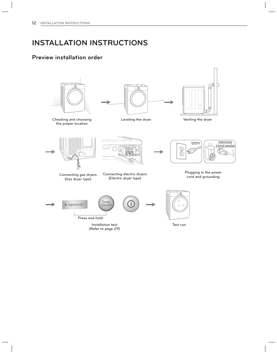 Installation instructions, Preview installation order | LG DLG3051W User Manual | Page 12 / 84