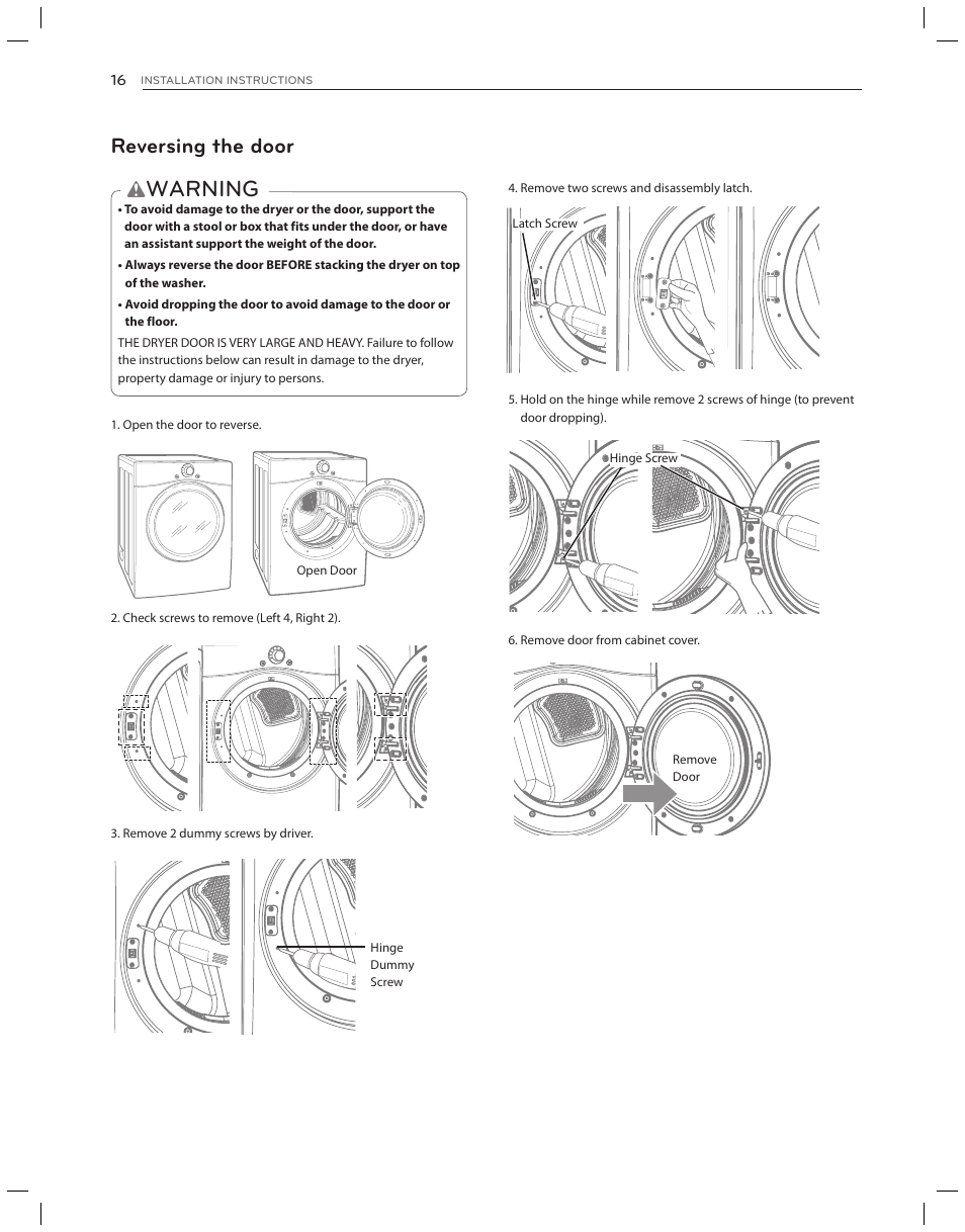 Warning, Reversing the door | LG DLG3051W User Manual | Page 16 / 84