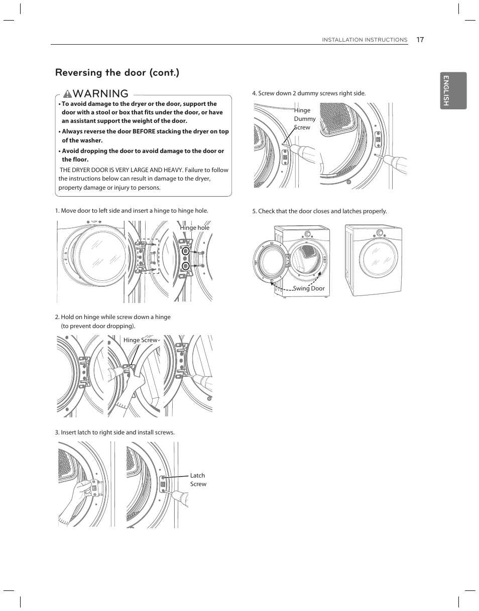 Warning, Reversing the door (cont.) | LG DLG3051W User Manual | Page 17 / 84