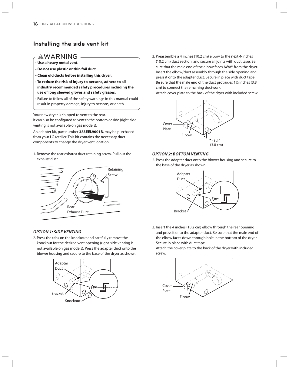 Warning, Installing the side vent kit | LG DLG3051W User Manual | Page 18 / 84