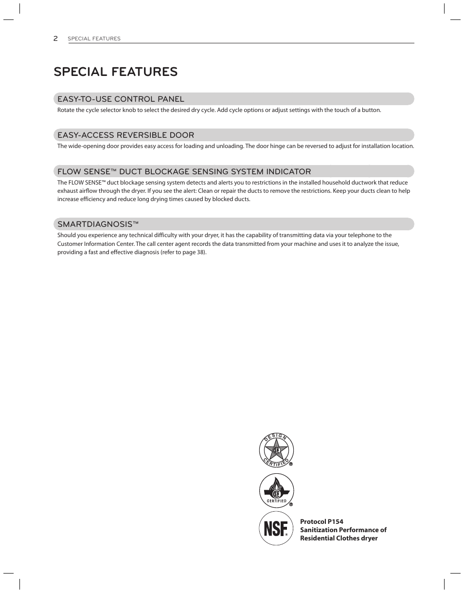 Special features, Easy-to-use control panel, Easy-access reversible door | Flow sense™ duct blockage sensing system indicator, Smartdiagnosis | LG DLG3051W User Manual | Page 2 / 84