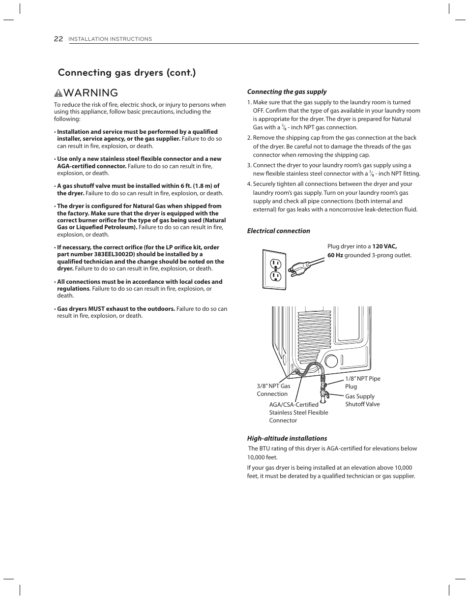 Warning, Connecting gas dryers (cont.) | LG DLG3051W User Manual | Page 22 / 84