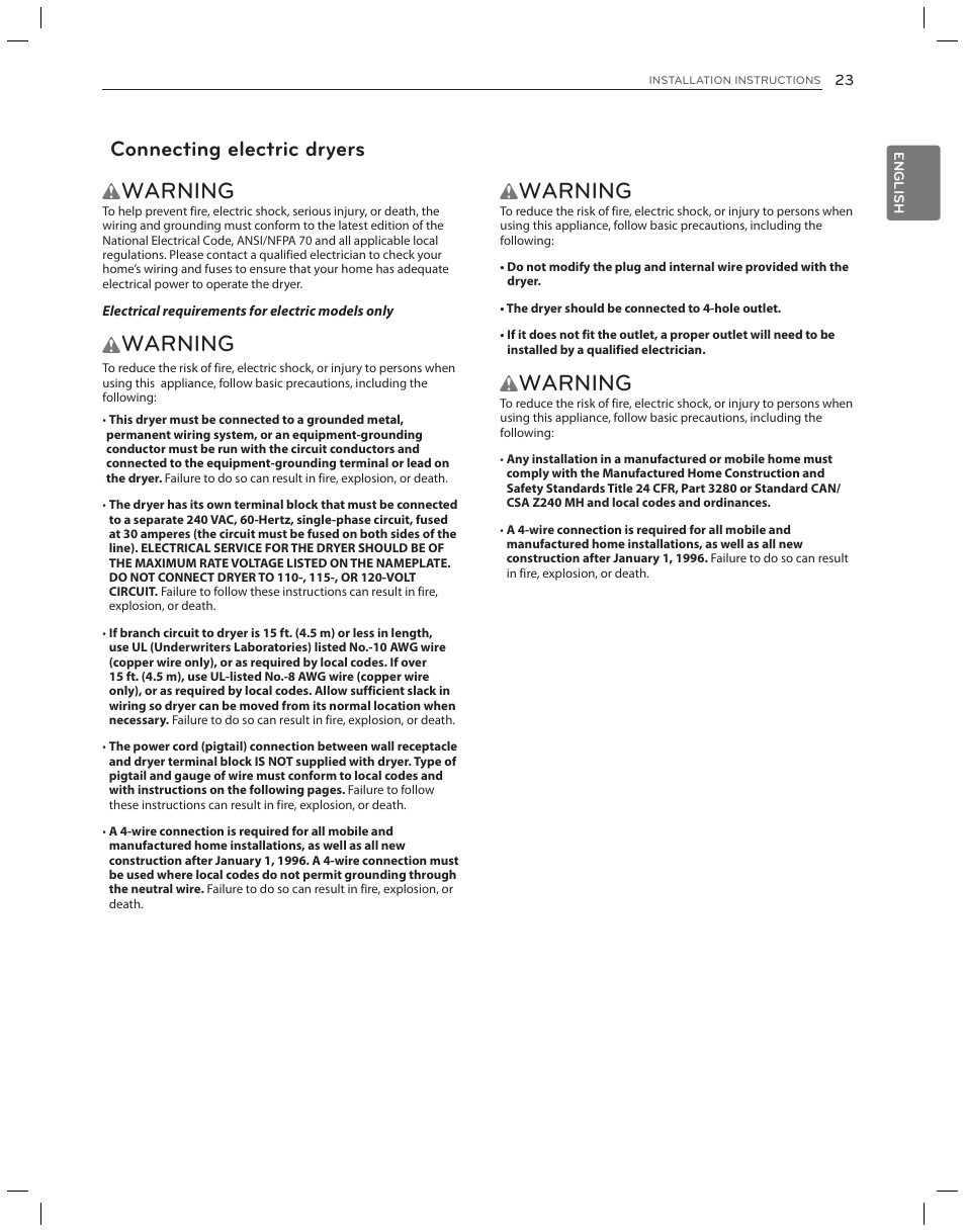 Warning, Connecting electric dryers | LG DLG3051W User Manual | Page 23 / 84