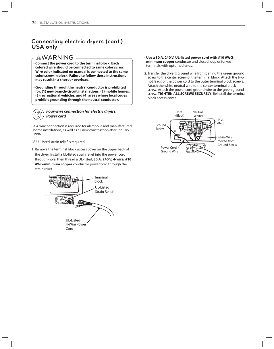 Warning, Connecting electric dryers (cont.) usa only | LG DLG3051W User Manual | Page 24 / 84