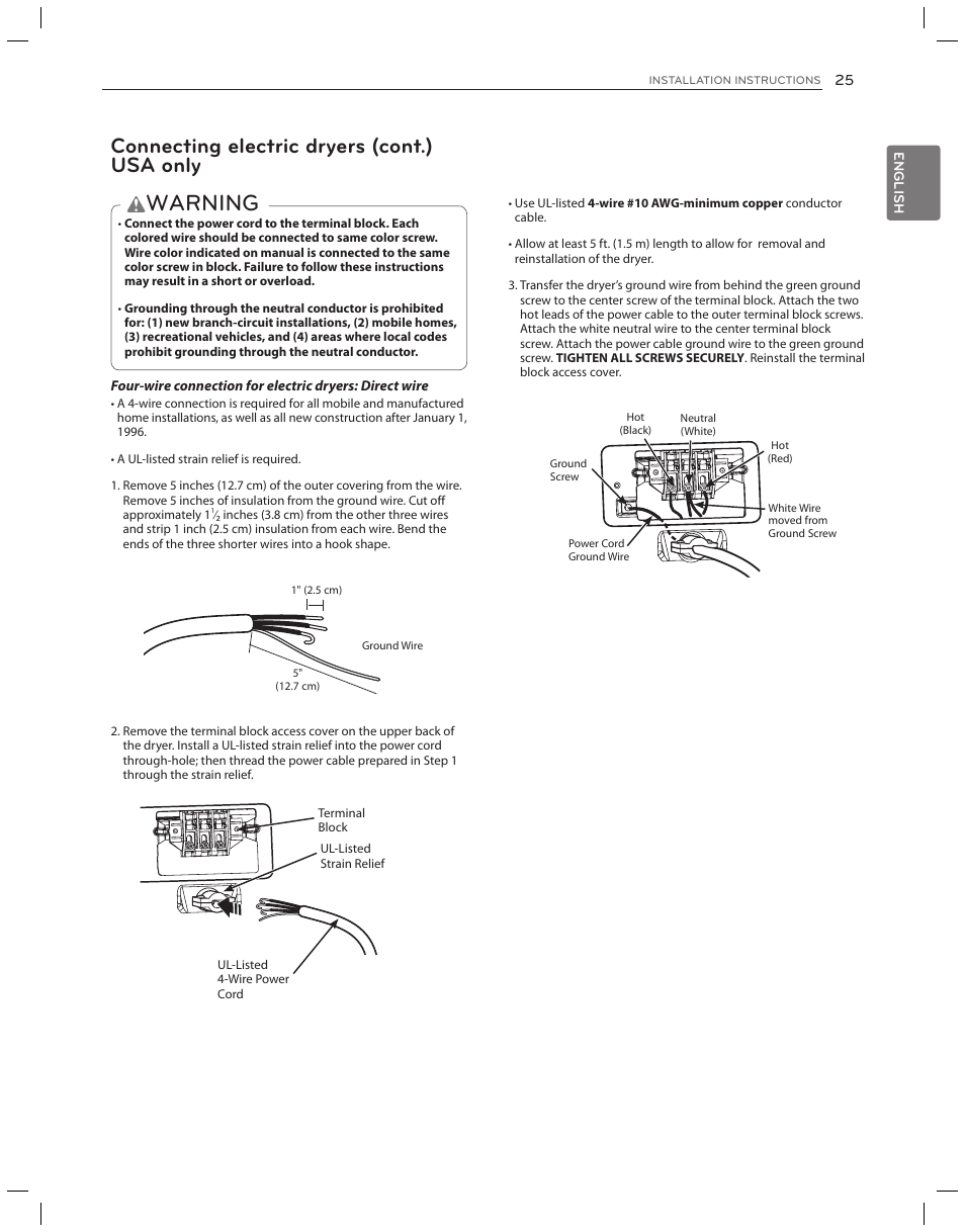 Warning, Connecting electric dryers (cont.) usa only | LG DLG3051W User Manual | Page 25 / 84