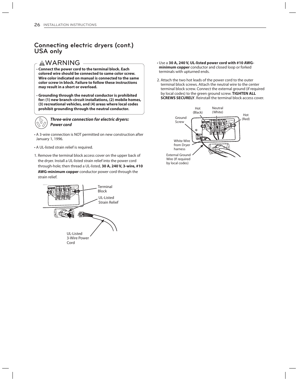 Warning, Connecting electric dryers (cont.) usa only | LG DLG3051W User Manual | Page 26 / 84