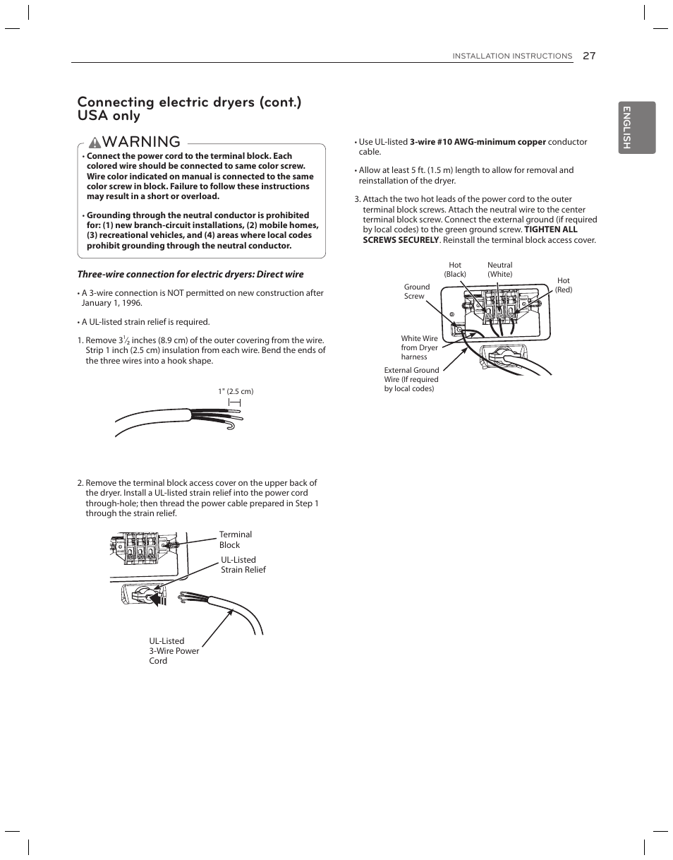 Warning, Connecting electric dryers (cont.) usa only | LG DLG3051W User Manual | Page 27 / 84