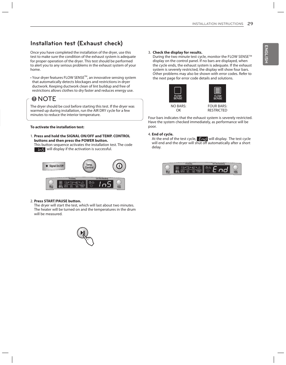 Installation test (exhaust check) | LG DLG3051W User Manual | Page 29 / 84