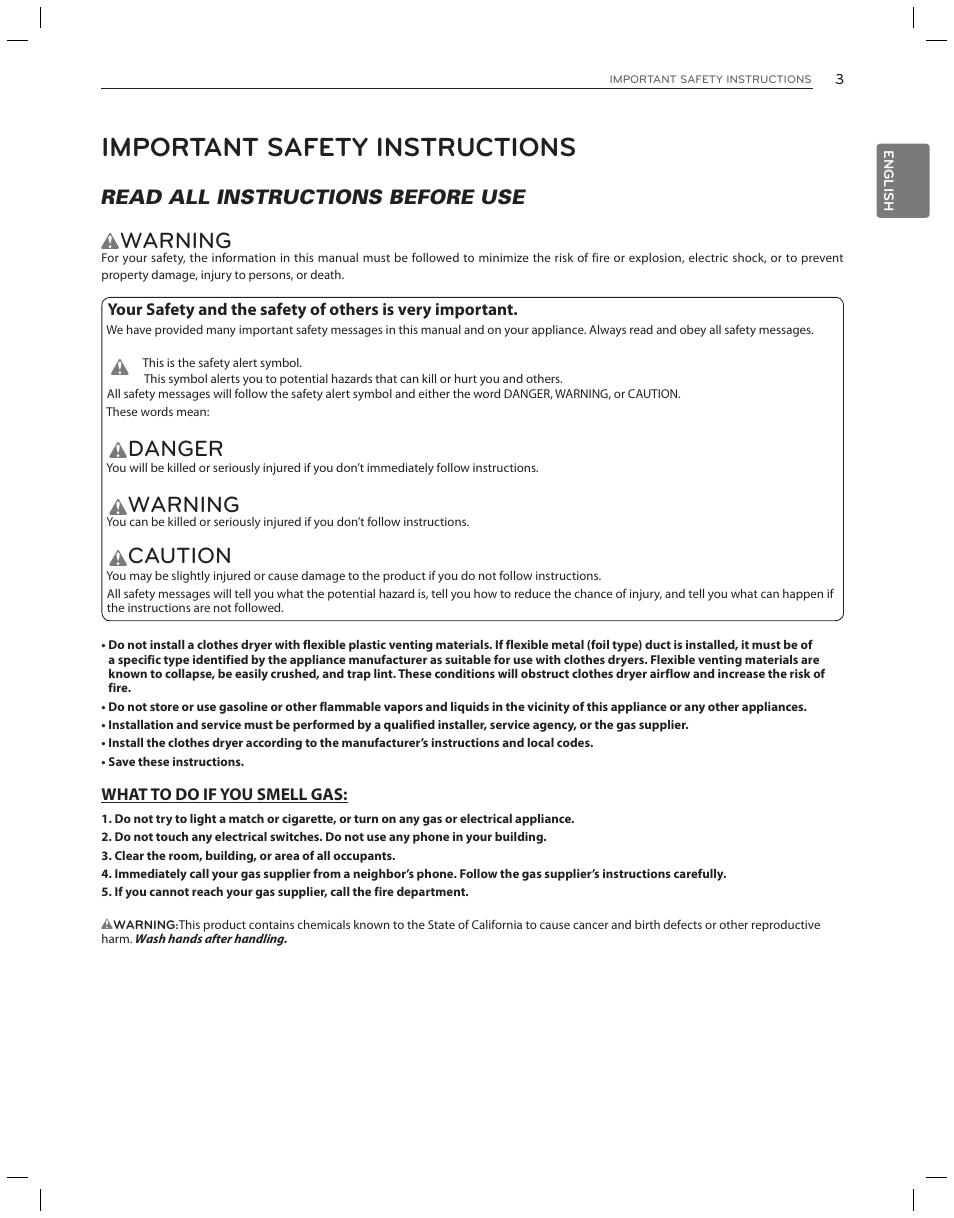 Important safety instructions, Warning, Danger | Caution, Read all instructions before use w | LG DLG3051W User Manual | Page 3 / 84