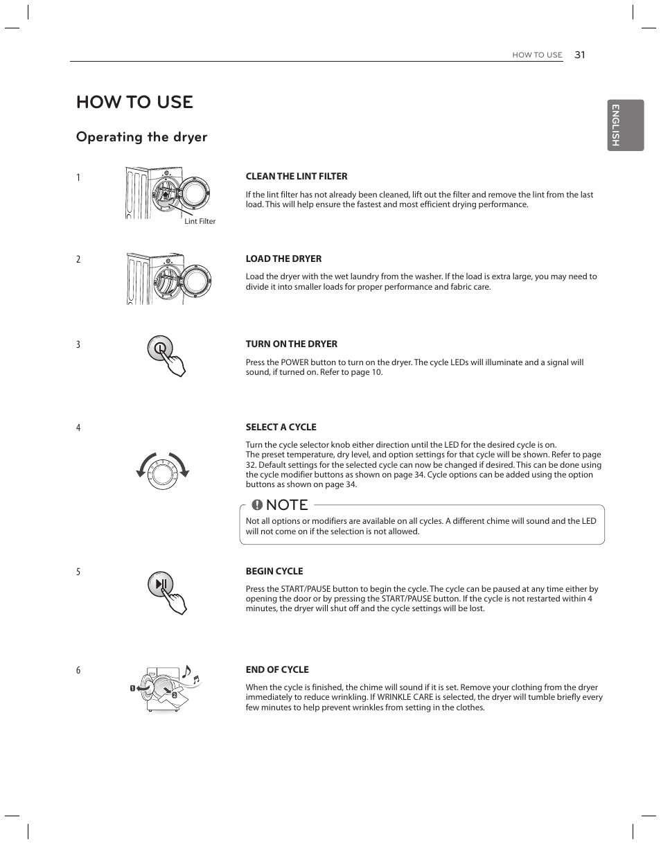 How to use, Operating the dryer | LG DLG3051W User Manual | Page 31 / 84