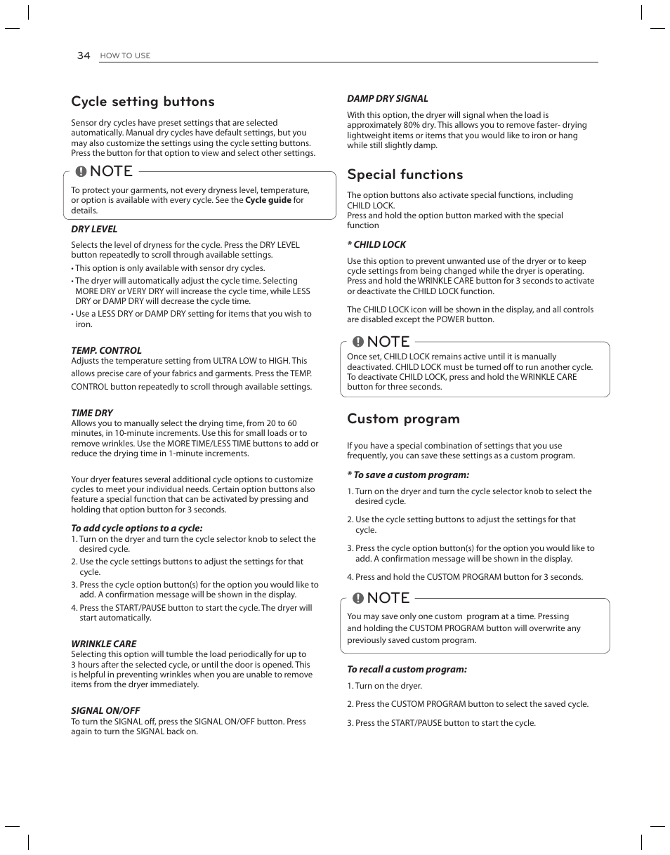 Cycle setting buttons, Special functions, Custom program | LG DLG3051W User Manual | Page 34 / 84