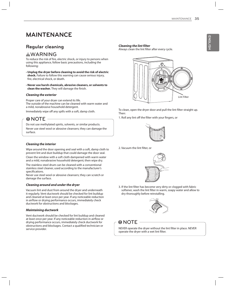 Maintenance, Warning, Regular cleaning | LG DLG3051W User Manual | Page 35 / 84