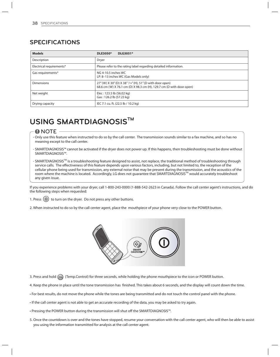 Using smartdiagnosis, Specifications | LG DLG3051W User Manual | Page 38 / 84