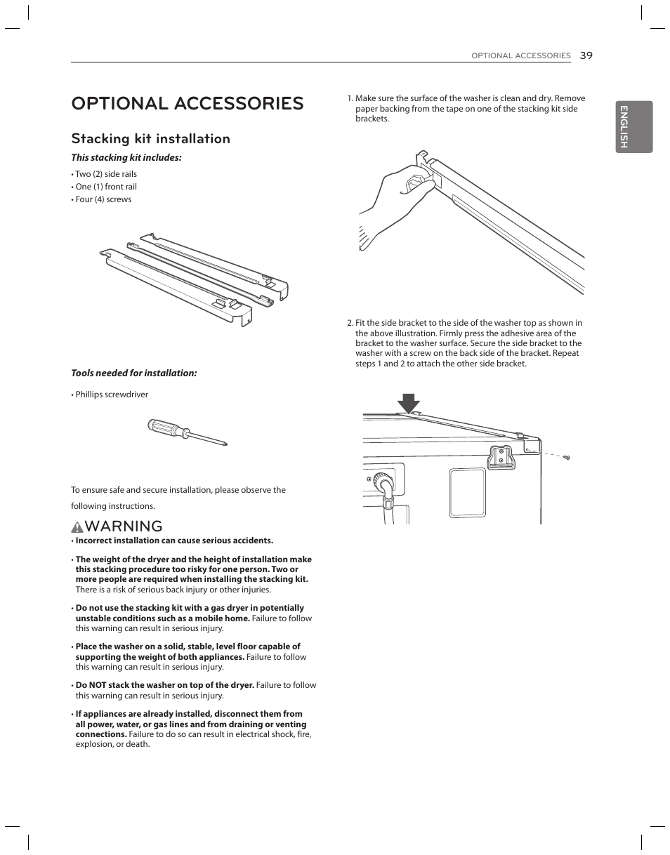 Using smartdiagnosis, Optional accessories, Warning | Specifications, Stacking kit installation | LG DLG3051W User Manual | Page 39 / 84