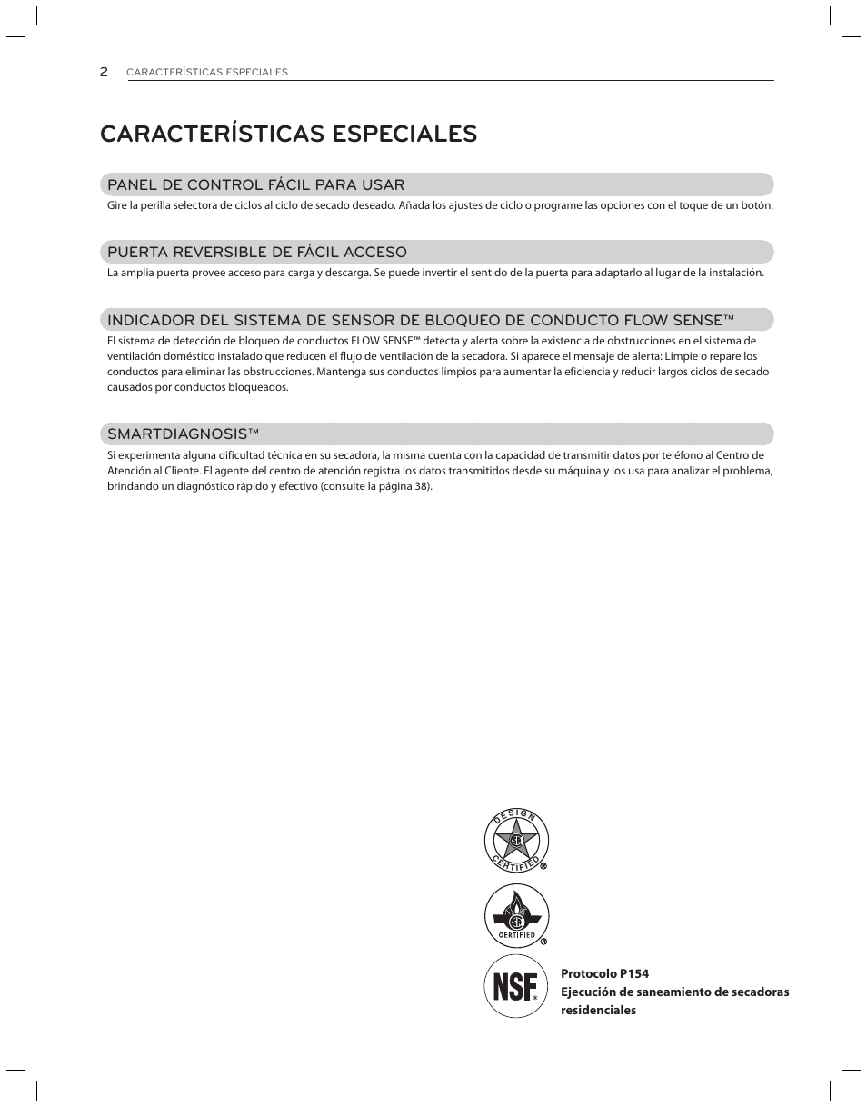 Características especiales, Panel de control fácil para usar, Puerta reversible de fácil acceso | Smartdiagnosis | LG DLG3051W User Manual | Page 44 / 84