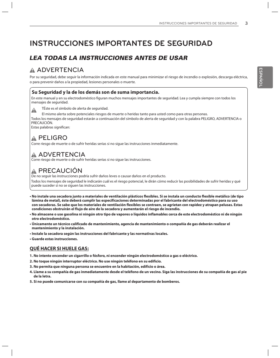 Instrucciones importantes de seguridad, Advertencia, Peligro | Precaución, Lea todas la instrucciones antes de usar w | LG DLG3051W User Manual | Page 45 / 84