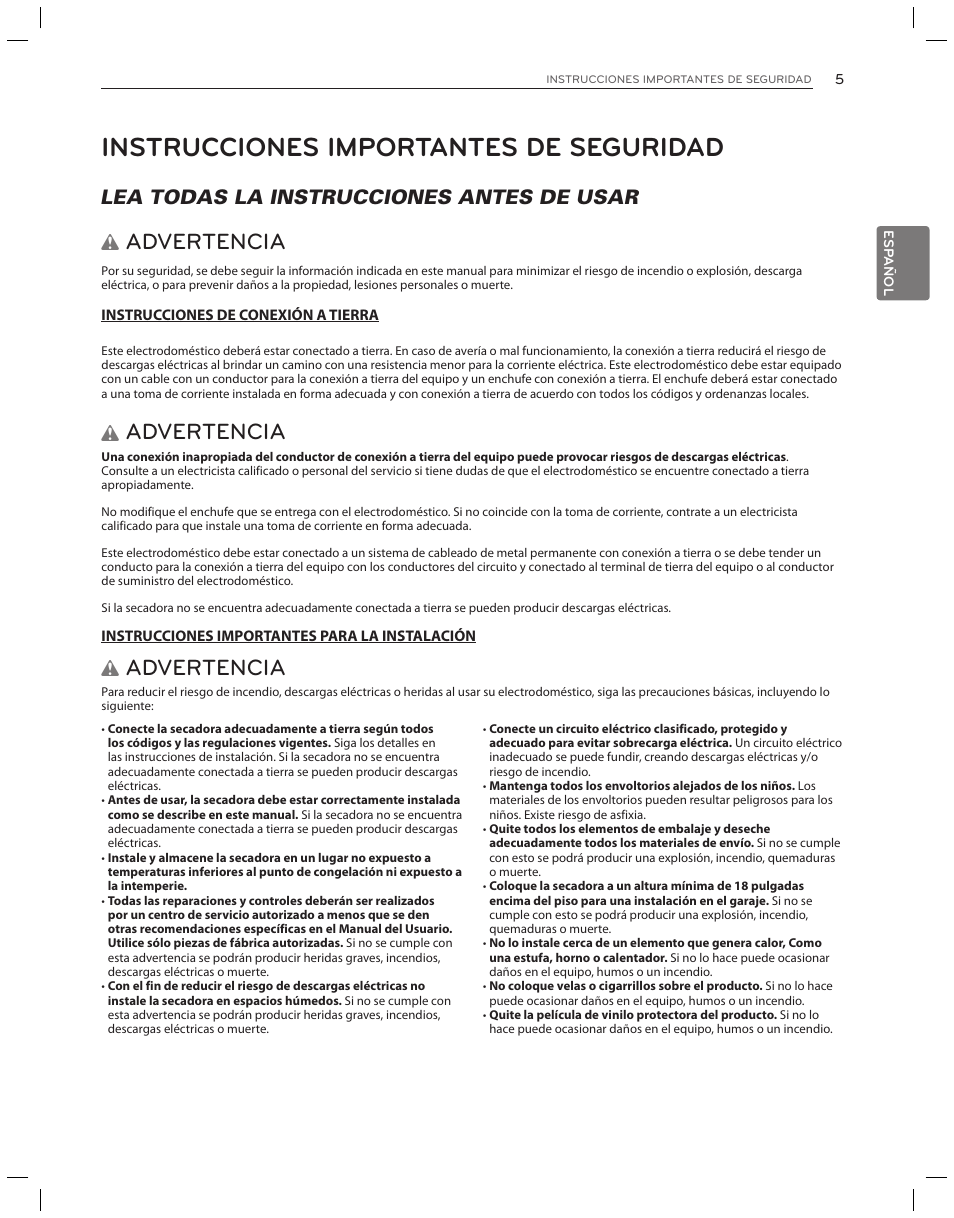 Instrucciones importantes de seguridad, Advertencia, Lea todas la instrucciones antes de usar w | LG DLG3051W User Manual | Page 47 / 84