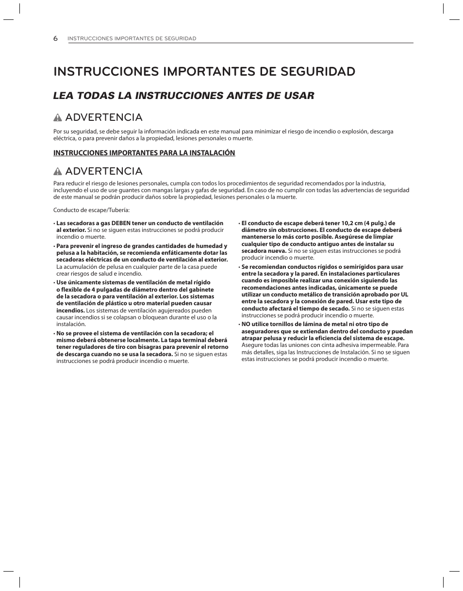 Instrucciones importantes de seguridad, Advertencia, Lea todas la instrucciones antes de usar w | LG DLG3051W User Manual | Page 48 / 84