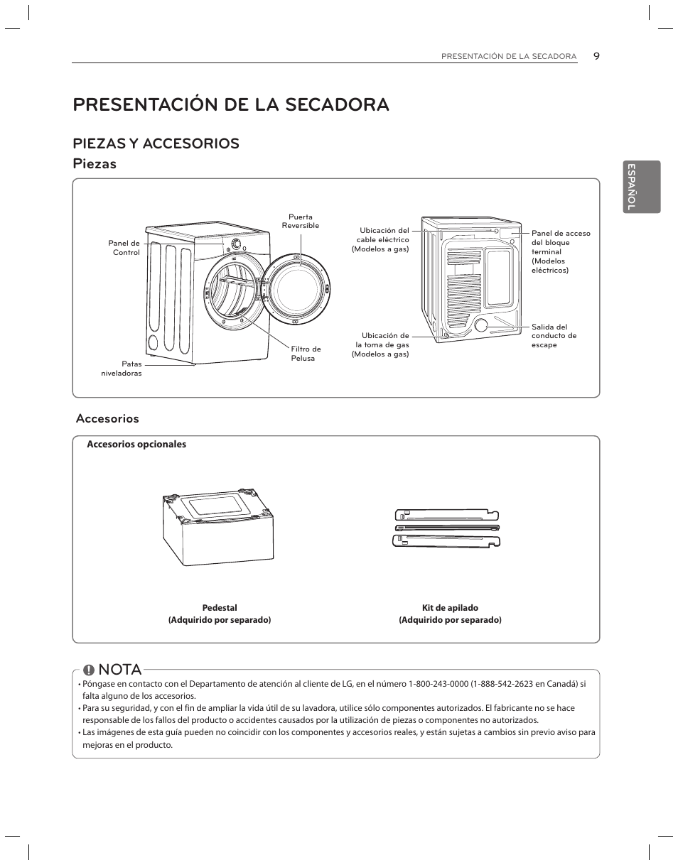 Presentación de la secadora, Nota, Piezas y accesorios piezas | Accesorios | LG DLG3051W User Manual | Page 51 / 84