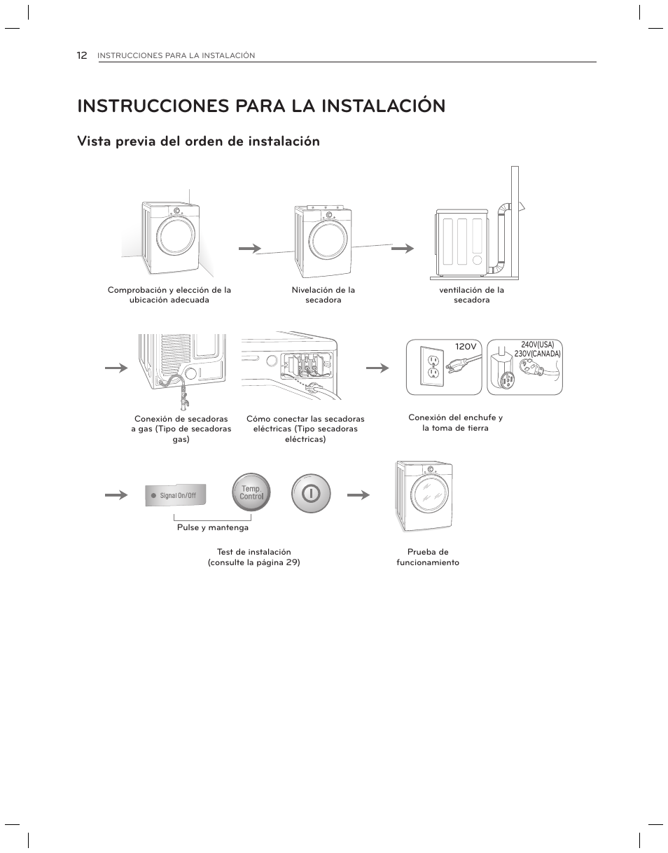 Instrucciones para la instalación, Vista previa del orden de instalación | LG DLG3051W User Manual | Page 54 / 84