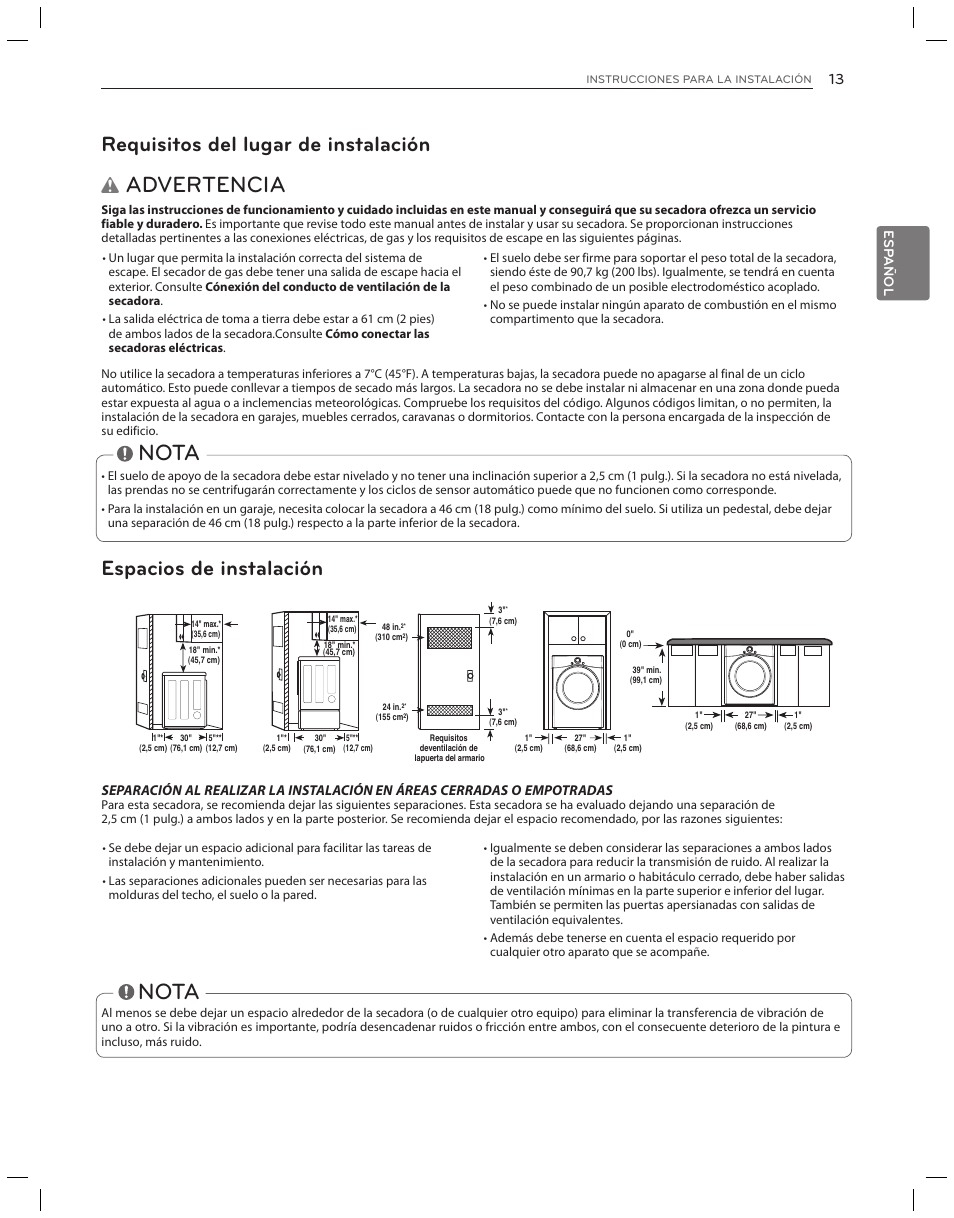 Advertencia, Nota, Requisitos del lugar de instalación | Espacios de instalación, Esp añol | LG DLG3051W User Manual | Page 55 / 84