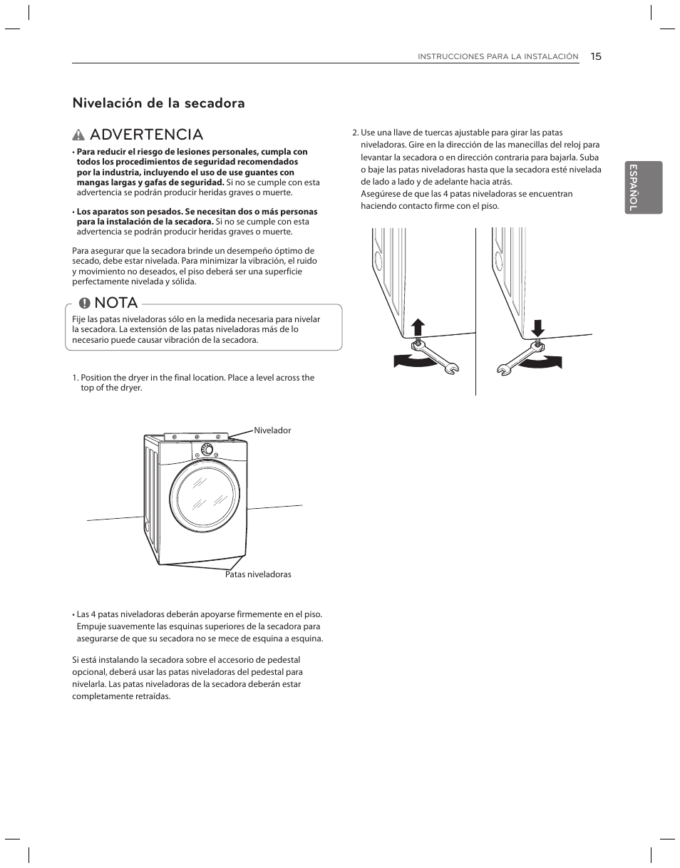 Advertencia, Nota, Nivelación de la secadora | LG DLG3051W User Manual | Page 57 / 84