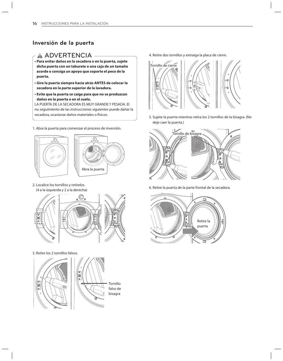 Advertencia, Inversión de la puerta | LG DLG3051W User Manual | Page 58 / 84