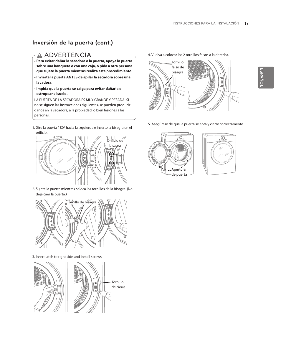 Advertencia, Inversión de la puerta (cont.) | LG DLG3051W User Manual | Page 59 / 84