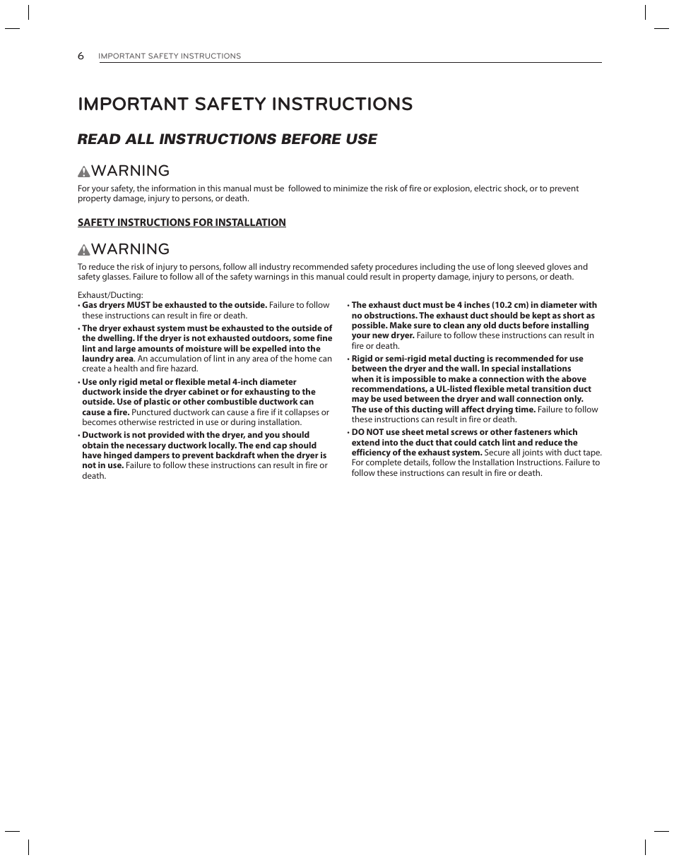 Important safety instructions, Warning, Read all instructions before use w | LG DLG3051W User Manual | Page 6 / 84